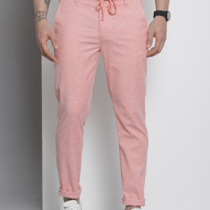Men Pink Melange Effect Slim Fit Trousers