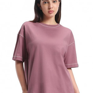 Women's 100% Cotton Solid Oversized Fit Round Pink Neck T-Shirt