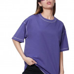 Women's 100% Cotton Solid Oversized Fit Round Blue Neck T-Shirt