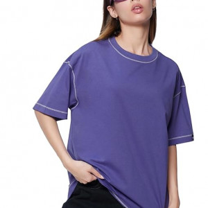 Women's 100% Cotton Solid Oversized Fit Round Blue Neck T-Shirt