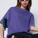 Women's 100% Cotton Solid Oversized Fit Round Blue Neck T-Shirt