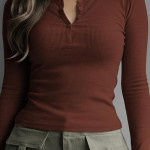 Women's Long Sleeve Slim Fit Top/T-Shirt Henley Neck Casual