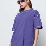 Women's 100% Cotton Solid Oversized Fit Round Blue Neck T-Shirt