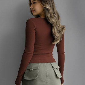 Women's Long Sleeve Slim Fit Top/T-Shirt Henley Neck Casual
